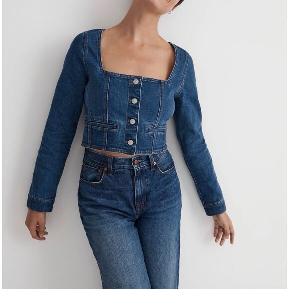 NWT Madewell Denim Hallwood Wash Square-Neck Long Sleeve Crop Top Women's 00 - Picture 1 of 13